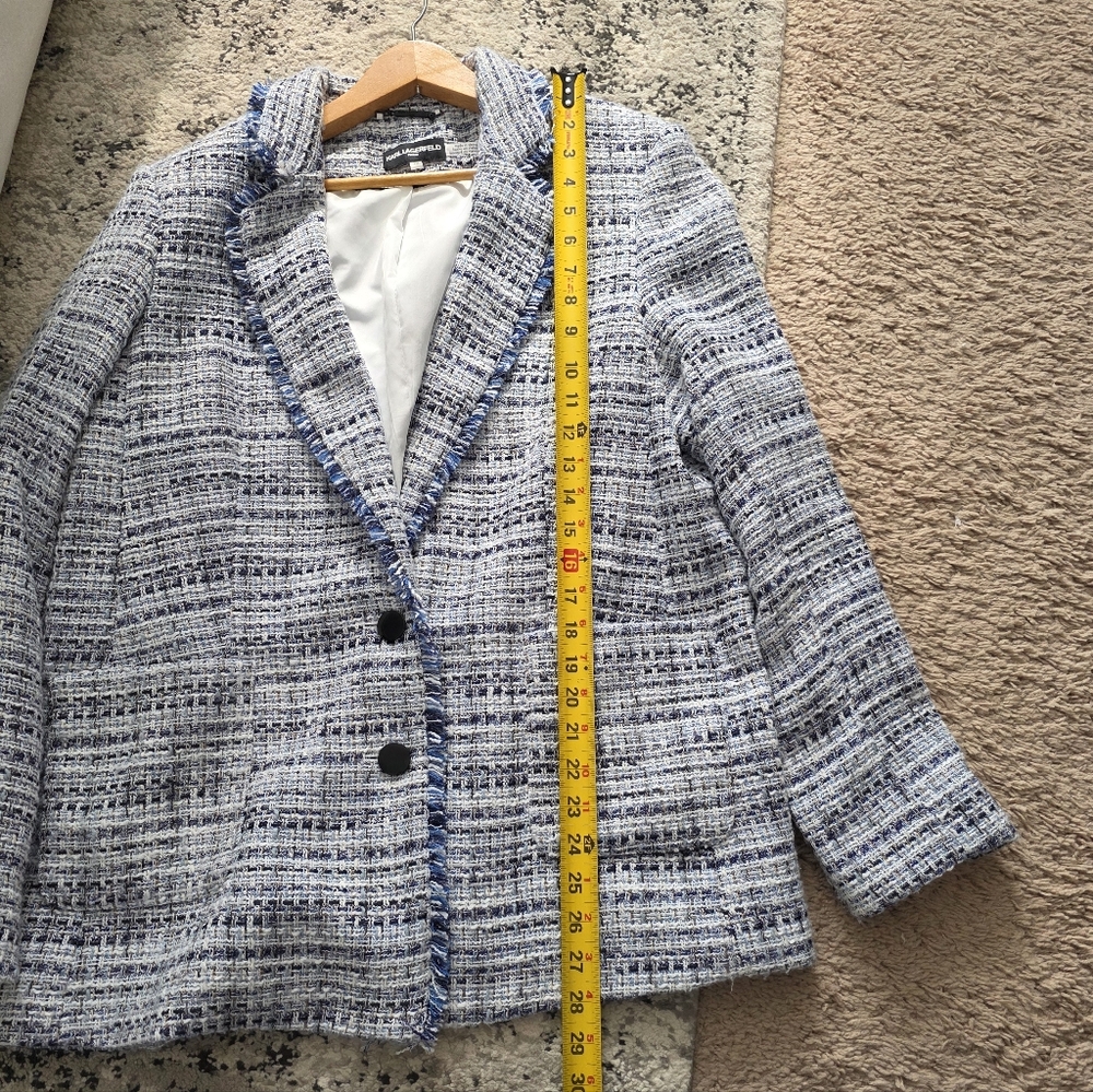 Karl Lagerfeld Tweed Blazer Jacket Womens 14 Blue White Preppy Academia Chic - Picture 6 of 8